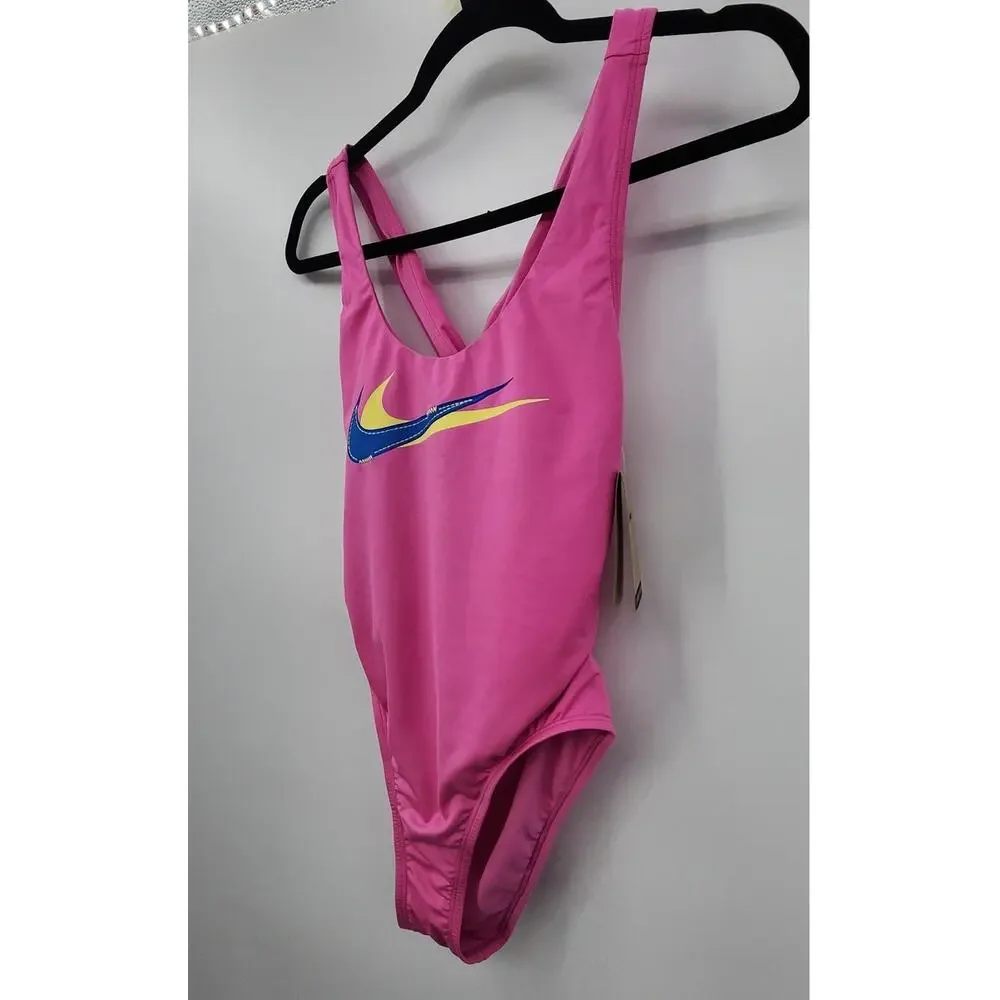 New NWT Nike Swim Multi Logo Pink Blue Women's Swimsuit One‎ Piece Size Small